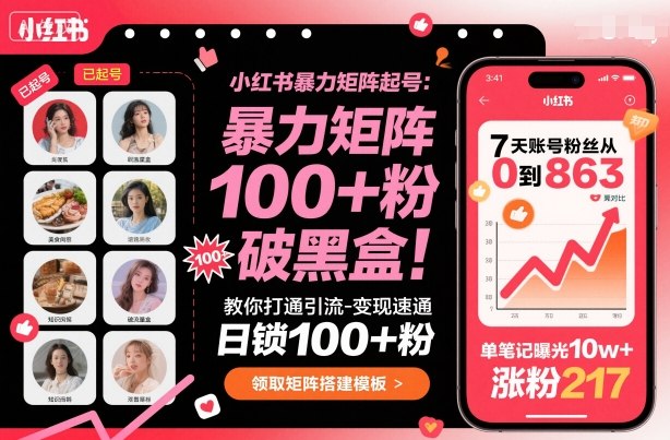 小红书暴力矩阵起号,教你打通引流-变现速通,日锁100+粉,破流量黑盒 小红书暴力矩阵起号,教你打通引流-变现速通,日锁100+粉,破流量黑盒