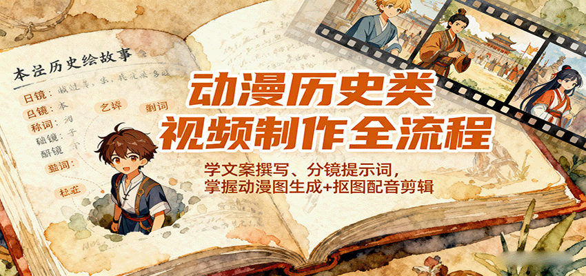 动漫历史类视频制作全流程,学文案撰写、分镜提示词,掌握动漫图生成+抠图配音剪辑 动漫历史类视频制作全流程,学文案撰写、分镜提示词,掌握动漫图生成+抠图配音剪辑