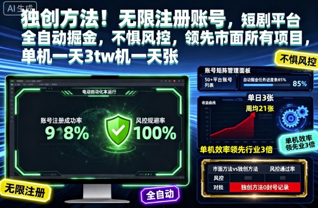 独创方法!无限注册账号,短剧平台全自动掘金,不惧风控,领先市面所有项目,单机一天3张【揭秘】 独创方法!无限注册账号,短剧平台全自动掘金,不惧风控,领先市面所有项目,单机一天3张【揭秘】