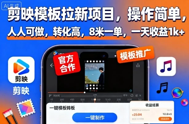 剪映模板拉新项目,操作简单,人人可做,转化高,8米一单,一天收益1k+ 剪映模板拉新项目,操作简单,人人可做,转化高,8米一单,一天收益1k+