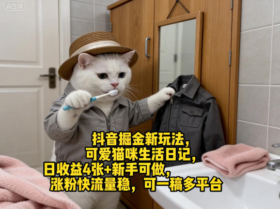 抖音掘金新玩法，可爱猫咪生活日记，日收益4张+新手可做，涨粉快流量稳，可一稿多平台-知行客