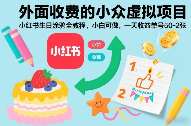 外面收费的小众虚拟项目，小红书生日涂鸦全教程，小白可做，一天收益单号50-2张-知行客