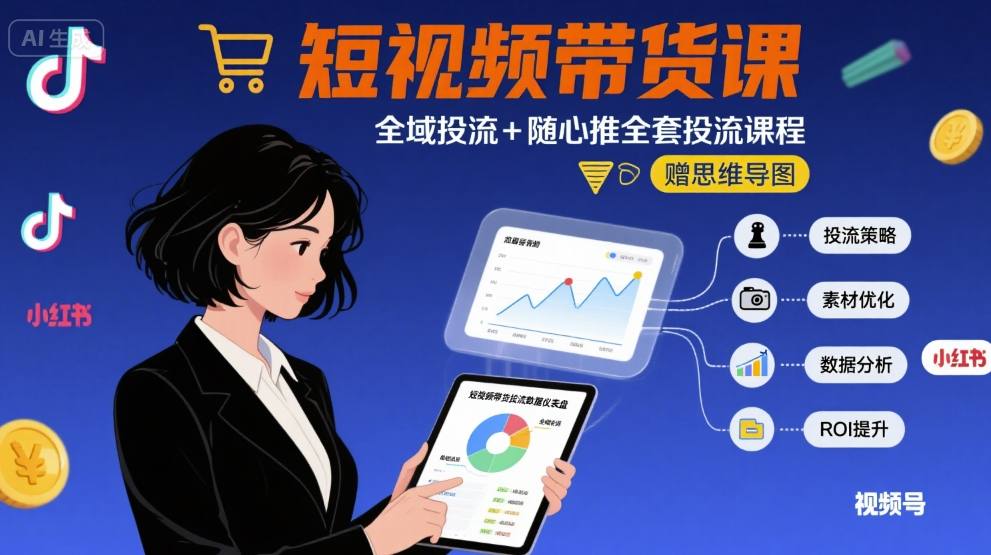 最新短视频带货课，全域投流+随心推全套投流课程+思维导图-知行客
