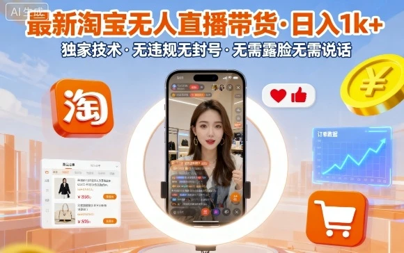 最新淘宝无人直播带货，日入1k+，独家技术，无违规无封号，无需露脸无需说话【揭秘】-知行客