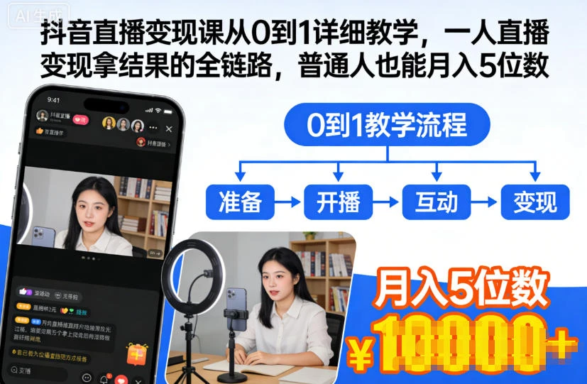 【精】抖音直播变现课从0到1详细教学，一人直播变现拿结果的全链路，普通人也能月入5位数-知行客