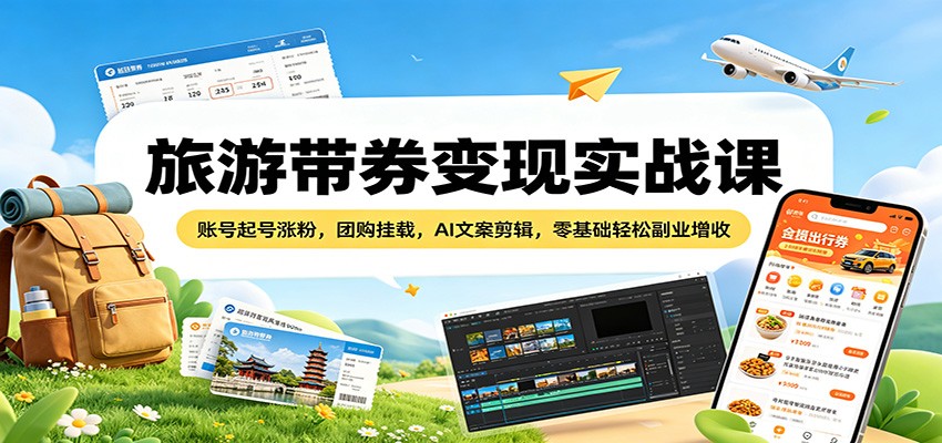 旅游带券变现实战课：账号起号涨粉，团购挂载，AI文案剪辑，零基础轻松副业增收-知行客