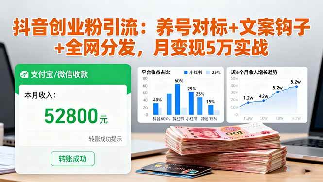 （16338期）抖音创业粉引流：养号对标+文案钩子+全网分发，月变现5万实战-知行客