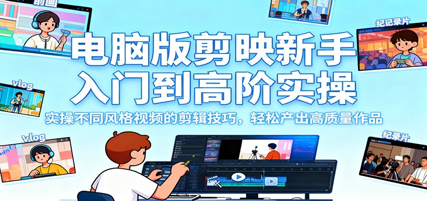 电脑版剪映新手入门到高阶实操，实操不同风格视频的剪辑技巧，轻松产出高质量作品-知行客
