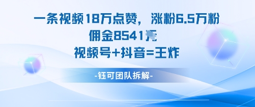 一条视频18W点赞，涨粉6.5W粉佣金8541米，视频号+抖音=王炸-知行客