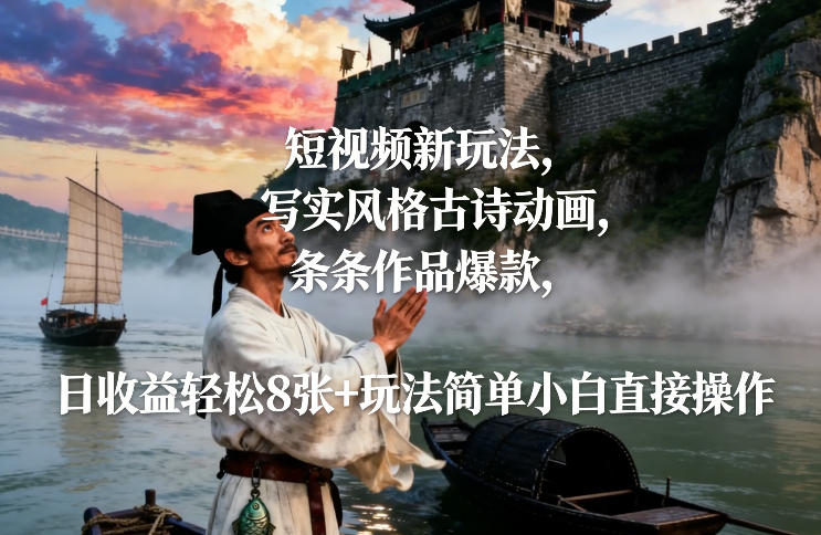 短视频新玩法，写实风格古诗动画，条条作品爆款，日收益轻松8张+玩法简单小白直接操作 | 资源下载 - 知行客-知行客
