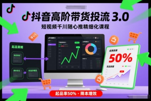 抖音高阶带货投流3.0，短视频千川随心推精细化课程，起品率50%-知行客
