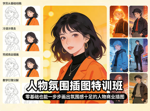 人物氛围插图特训班，零基础也能一步步画出氛围感十足的人物商业插图-知行客