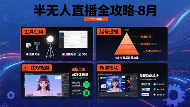 （15669期）半无人直播全攻略-8月：工具使用+起号逻辑+违规规避,新增AI超体与跨境模块-知行客