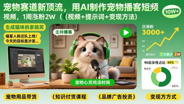 宠物赛道新顶流，用AI制作宠物播客短视频，1周涨粉2W（视频+提示词+变现方法）-知行客