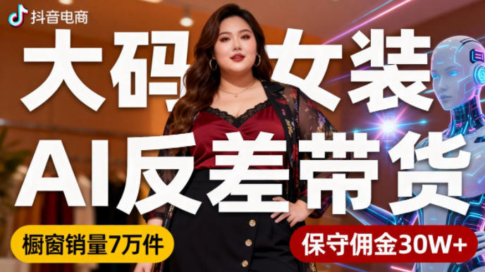 抖音小众赛道，大码女装AI反差带货，不用直播，每天6条作品，橱窗卖7万件，保守佣金30W+-知行客