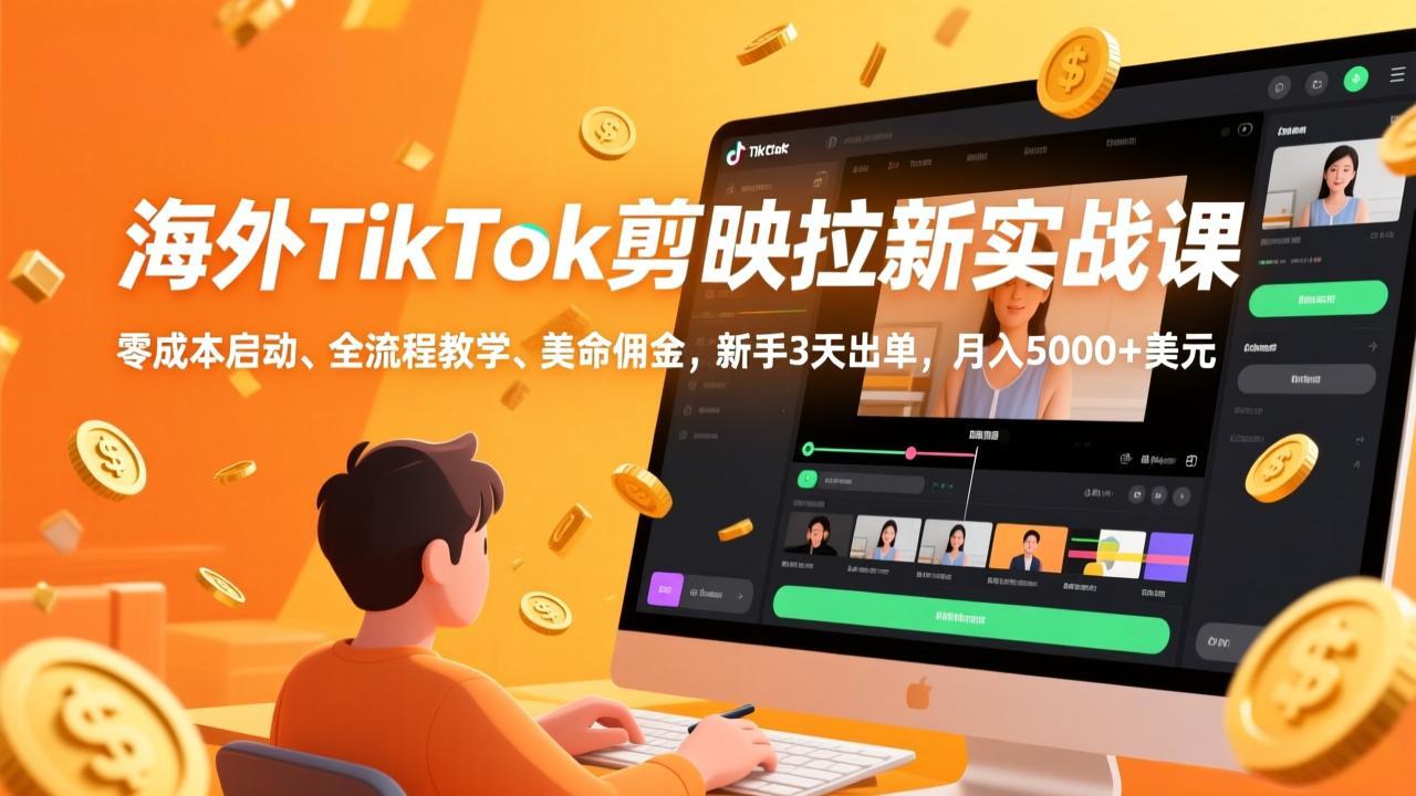 【精】海外TikTok剪映拉新实战课，零成本启动、全流程教学、美金佣金，新手3天出单，月入5000+美元-知行客