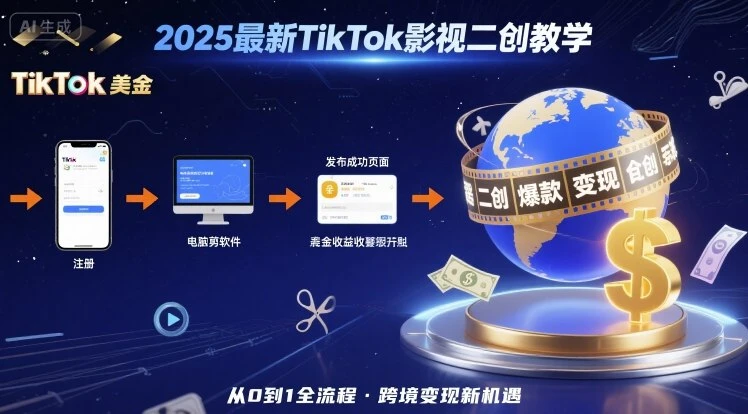 2025年最新TikTok影视二创教学，从注册到发布撸美金全流程，跨境变现新机遇-知行客