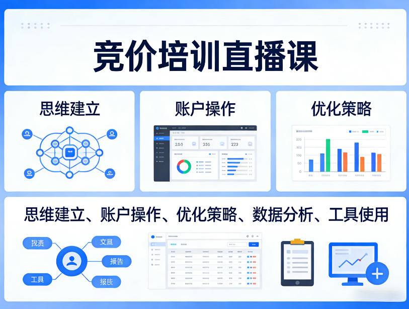 竞价培训直播课，覆盖思维建立、账户操作、优化策略、数据分析、工具使用等，全方位提升效果-知行客