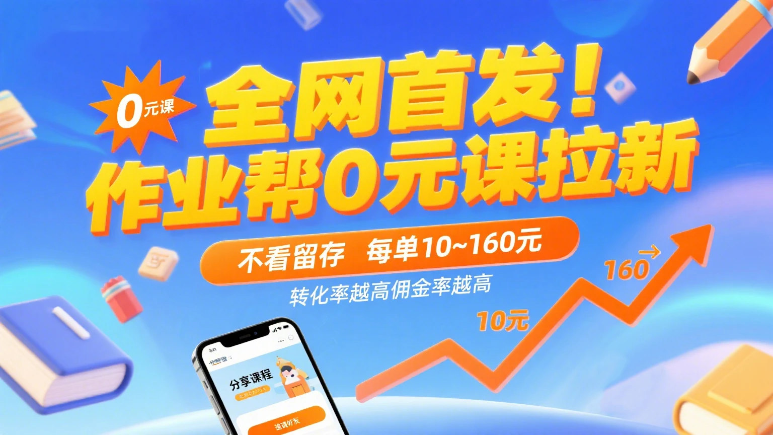 全网首发！作业帮0元课拉新，不看留存，每单10~160元，转化率越高佣金率越高。-知行客