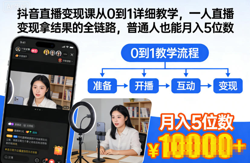抖音直播变现课从0到1详细教学，一人直播变现拿结果的全链路，普通人也能月入5位数-知行客