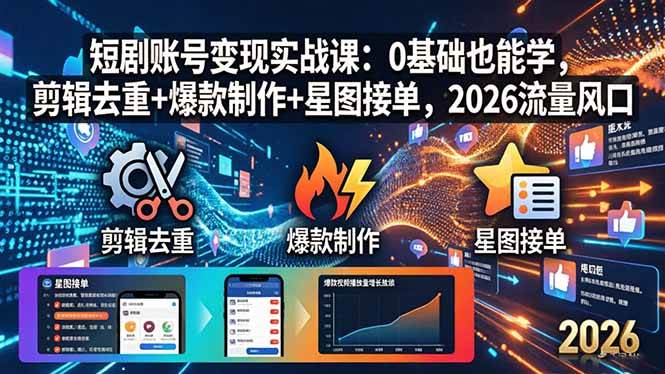 （18160期）短剧账号变现实战课：0基础也能学，剪辑去重+爆款制作+星图接单，2026流量风口-知行客
