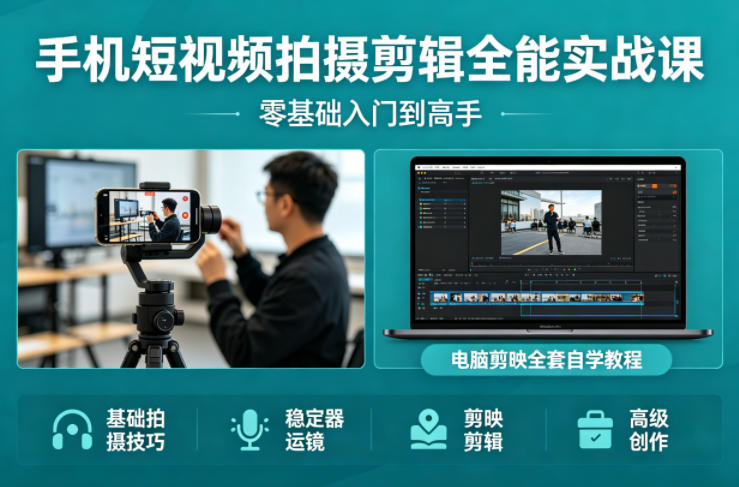 手机短视频拍摄剪辑全能实战课：零基础入门到高手，稳定器运镜+电脑剪映全套自学教程-知行客