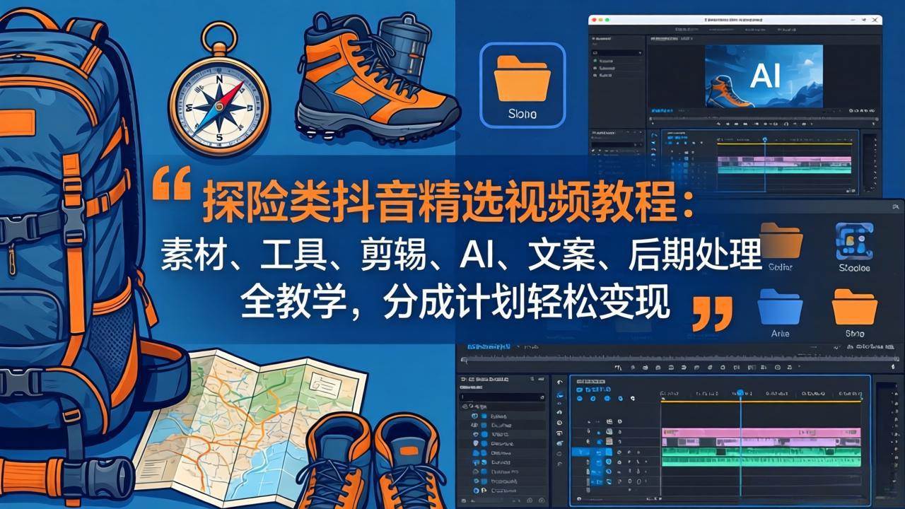 （17994期）探险类抖音精选视频教程：素材、工具、剪辑、AI、文案、后期处理全教学，分成计划轻松变现-知行客