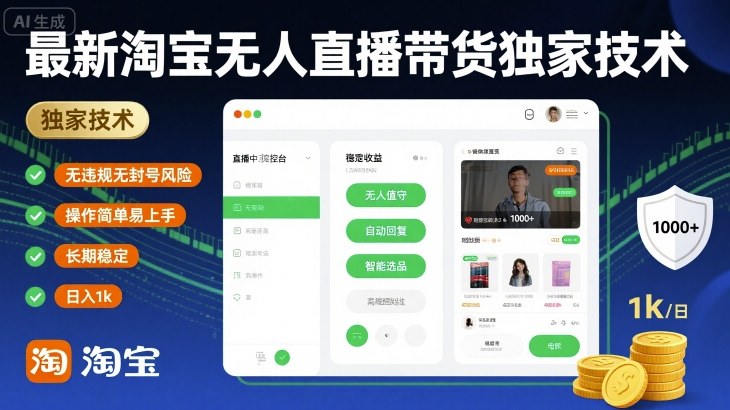 最新淘宝无人直播带货独家技术，无违规无封号风险，操作简单易上手，长期稳定日入1k【揭秘】-知行客