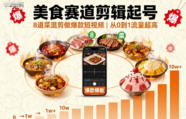 美食赛道剪辑起号，8道菜混剪做爆款短视频，从0到1，流量超高-知行客