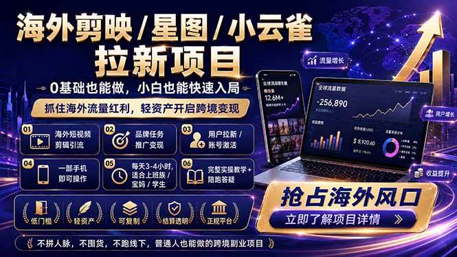 （18567期）海外剪映 / 星图 / 小云雀拉新项目 普通人也能上手的跨境流量变现副业-知行客