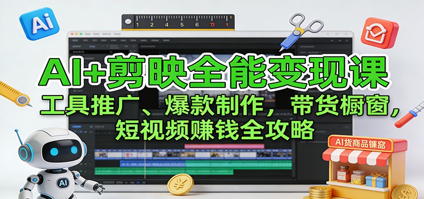 AI+剪映全能变现课：工具推广、爆款制作、带货橱窗，短视频赚钱全攻略-知行客