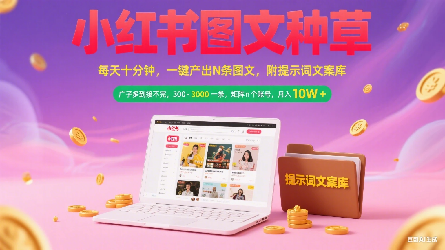 【精】小红书图文种草 每天十分钟 一键产出N条图文 附提示词文案库广子多到接不完 300-3000一条 矩阵n个账号 月入10W+-知行客