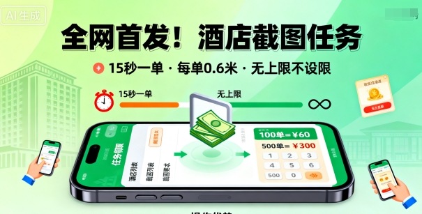全网首发！酒店截图任务，15秒一单，每单0.6米，任务无上限不设限，矩阵操作单日3张到手【揭秘】-知行客