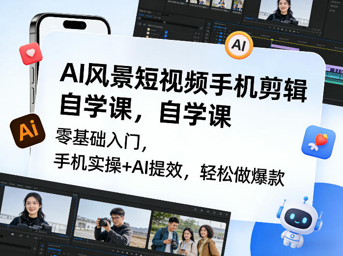 AI风景短视频手机剪辑自学课，零基础入门，手机实操+AI提效，轻松做爆款-知行客