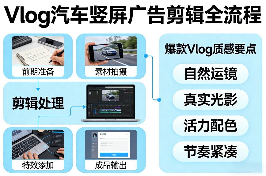Vlog感觉汽车竖屏广告剪辑脚本全流程，拿捏爆款Vlog质感-知行客