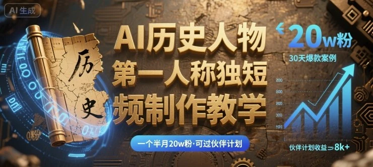【精】最新AI历史人物第一人称独白短视频制作教学，一个半月20w粉，可过伙伴计划-知行客