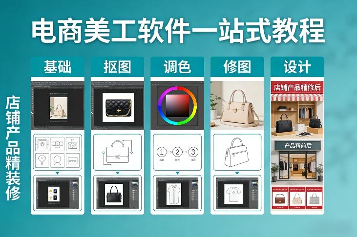 电商美工软件一站式教程，基础/抠图/调色/修图/设计，店铺产品精装修-知行客