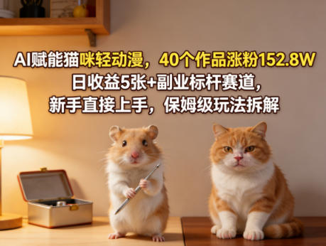 AI赋能猫咪轻动漫，40个作品涨粉152.8W，日收益5张+副业标杆赛道，新手直接上手，保姆级玩法拆解-知行客