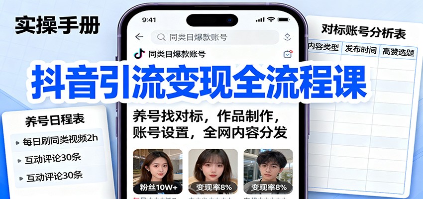 抖音引流变现全流程课：养号找对标，作品制作，账号设置，全网内容分发-知行客