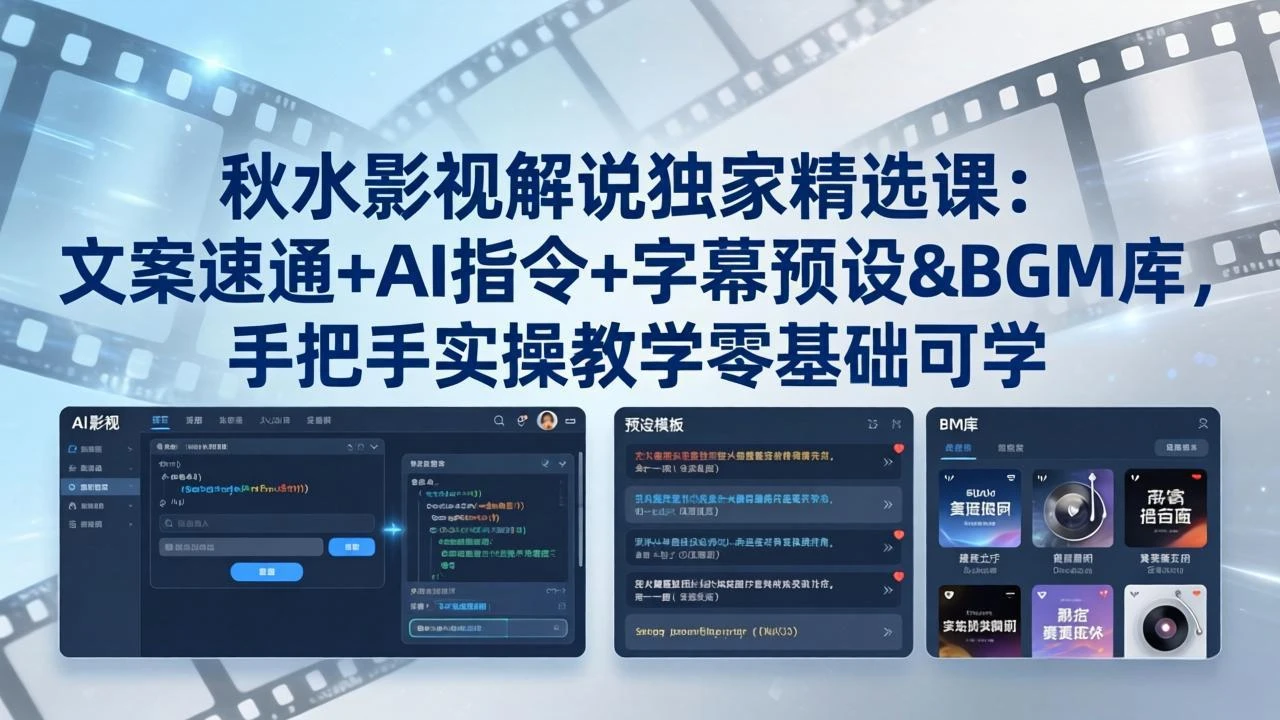 【精】秋水影视解说独家精选课：文案速通+AI指令+字幕预设+BGM库，手把手实操教学零基础可学-知行客