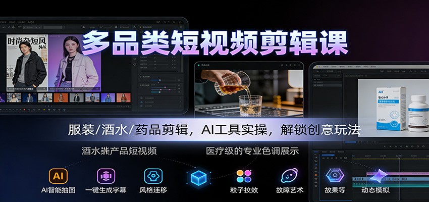 多品类短视频剪辑课：服装/酒水/药品剪辑，AI工具实操，解锁创意玩法-知行客