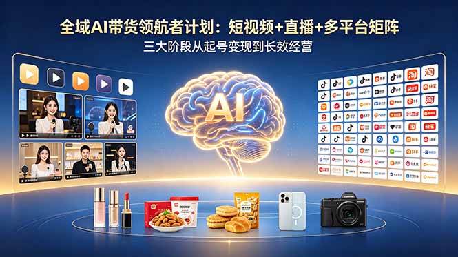 【精】全域AI带货领航者计划：短视频+直播+多平台矩阵，三大阶段从起号变现到长效经营-知行客