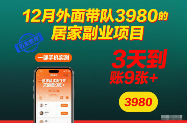 12月外面带队3980的居家副业项目，一部手机实测3天到账9张+，首发教程【揭秘】-知行客
