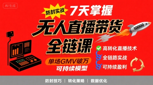 无人直播带货全链防封实战课，7天掌握高转化直播技术，实现单场GMV破万可持续模型-知行客
