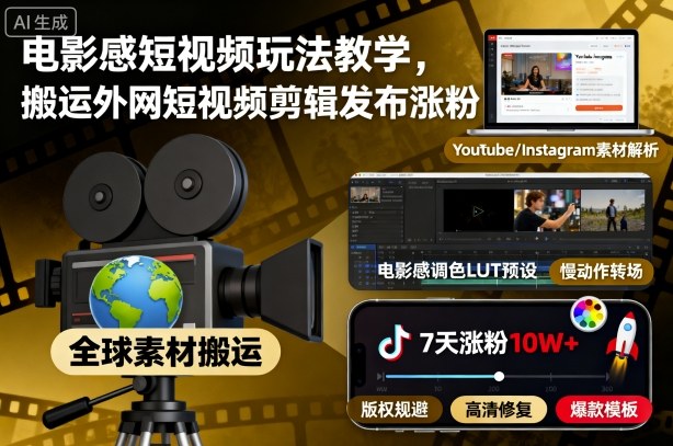 电影感短视频玩法教学，搬运外网短视频剪辑发布涨粉-知行客