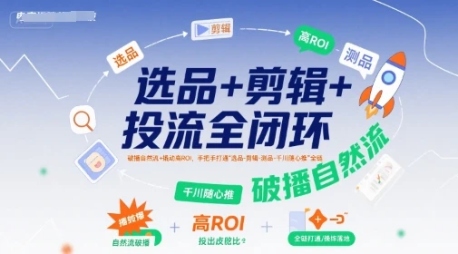 【精】选品+剪辑+投流全闭环，破播自然流+撬动高ROI，手把手打通“选品-剪辑-测品-千川随心推”全链-知行客