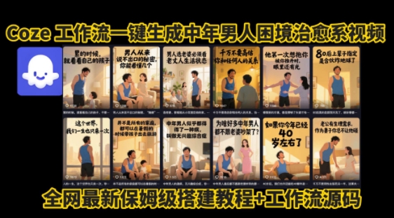 coze工作流一键生成”中年男人困境扎心高涨粉高播放量图文视频”保姆级拆解教程，无需剪辑，无需拍摄写文案-知行客