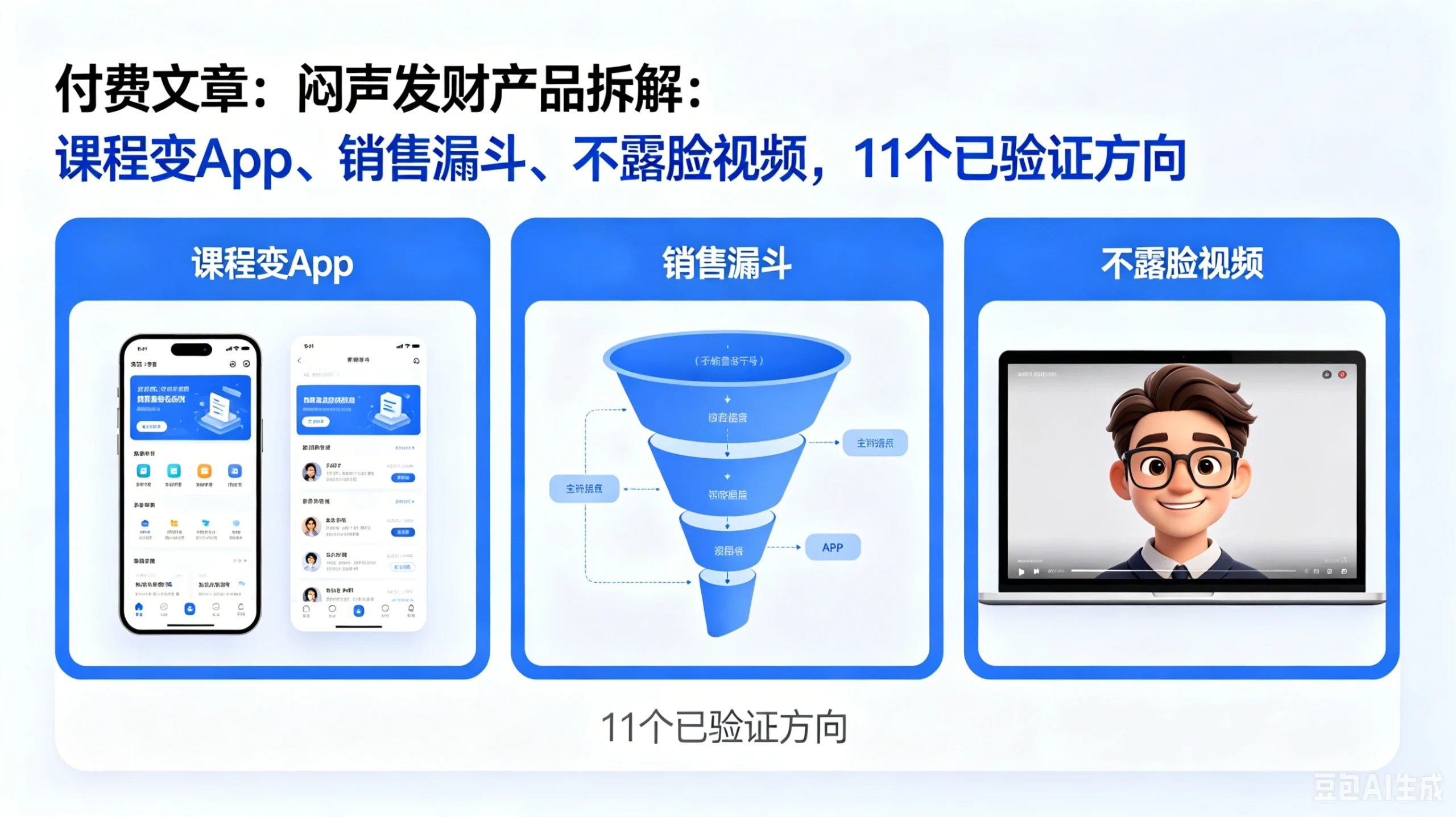 【精】付费文章：闷声发财产品拆解：课程变App、销售漏斗、不露脸视频，11个已验证方向-知行客