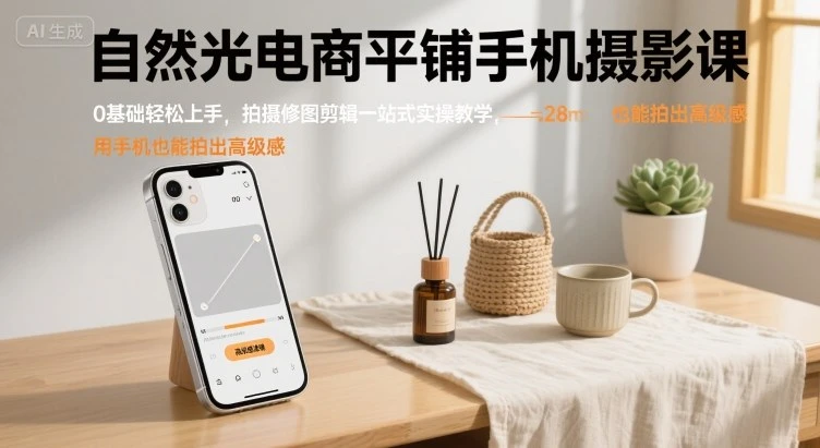 【精】自然光电商平铺手机摄影课，0基础轻松上手，拍摄修图剪辑一站式实操教学，用手机也能拍出高级感-知行客