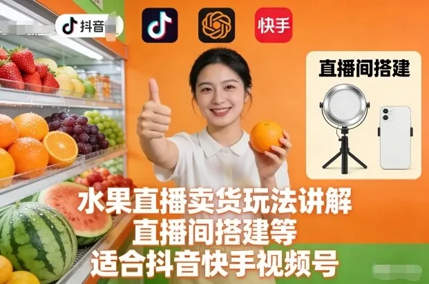 水果直播卖货玩法讲解、直播间搭建等，适合抖音快手视频号-知行客